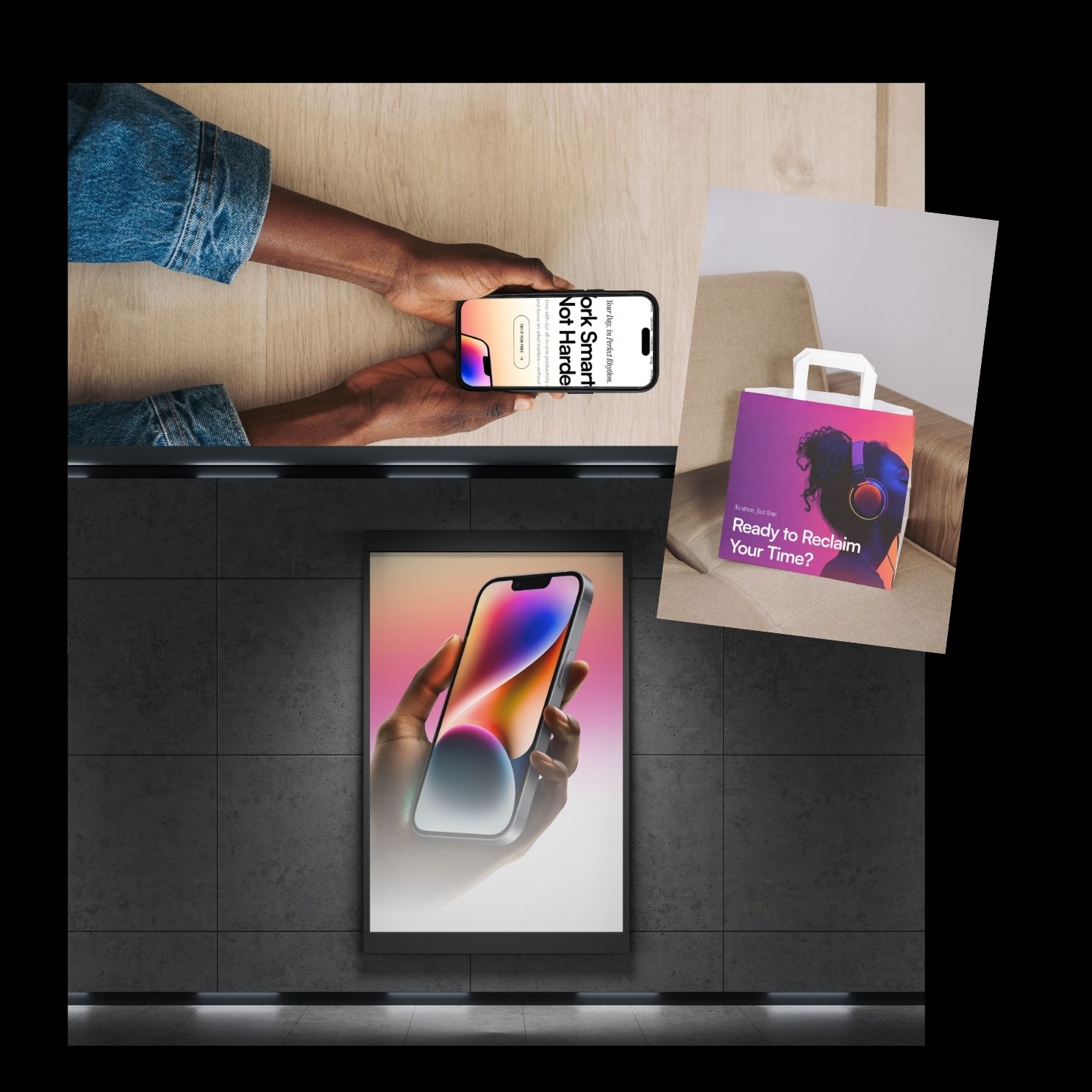 Collage of AxisStudio brand identity work: packaging, logo systems and campaign posters